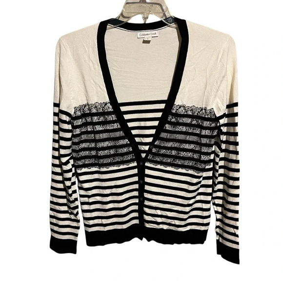 Coldwater Creek Striped Button Front Cardigan Midweight Cream Black Size S - Picture 1 of 8